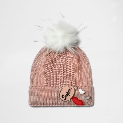 Girls pink knit badge bobble hat